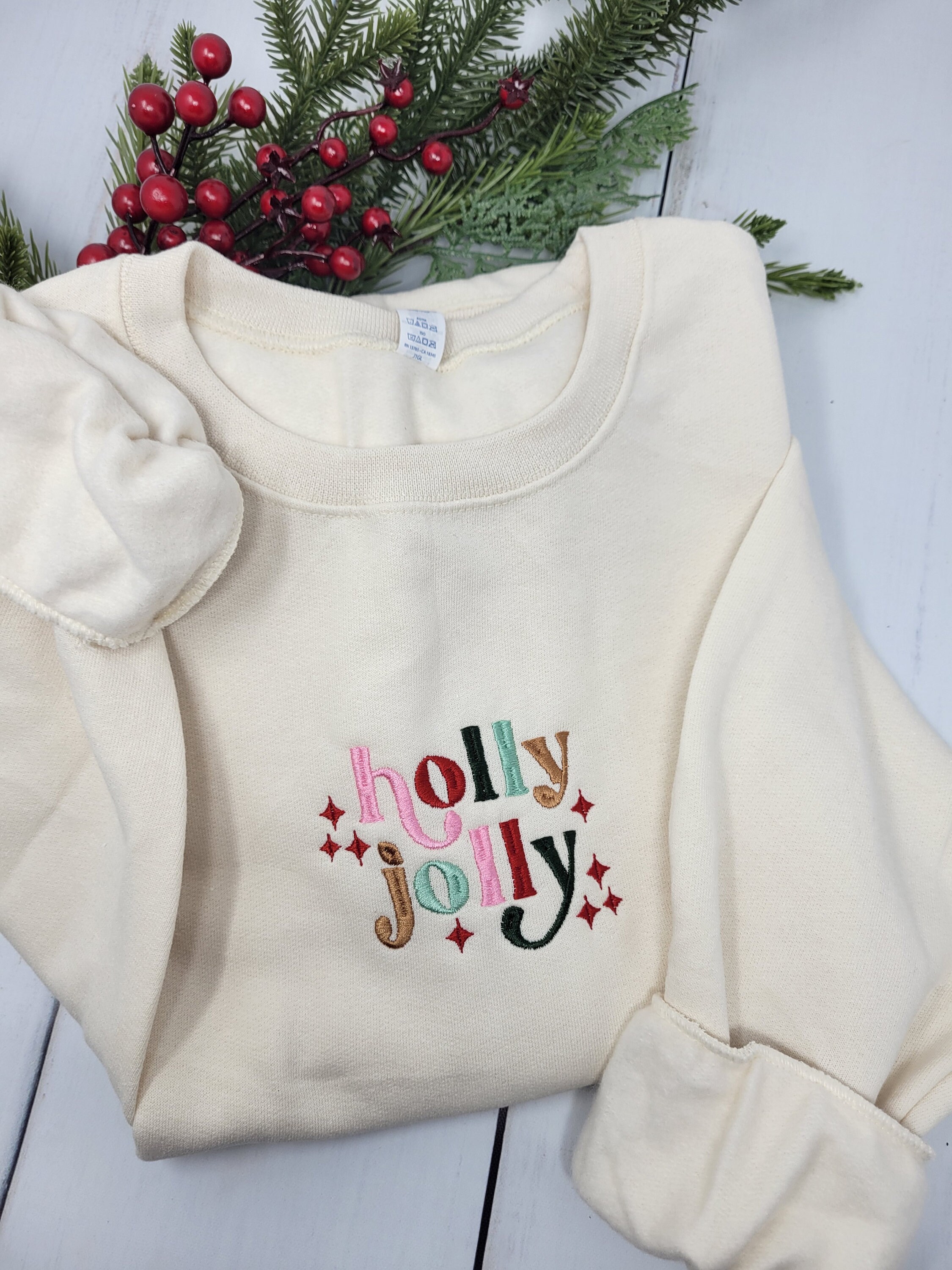 【CPGN STUDIO】Glitter Holly Embroidery Sweatshirt Embroidered Holly Sweatshirt, Embroidered Christmas