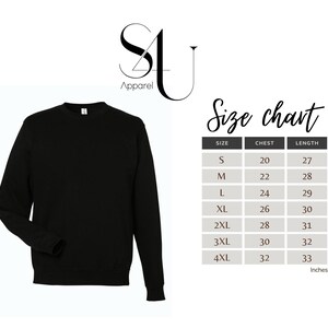 May include: Black sweatshirt with a size chart showing chest and length measurements in inches for sizes S through 4XL.