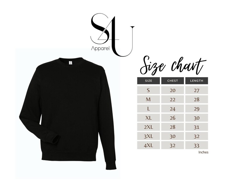 May include: Black sweatshirt with a size chart showing chest and length measurements in inches for sizes S through 4XL.
