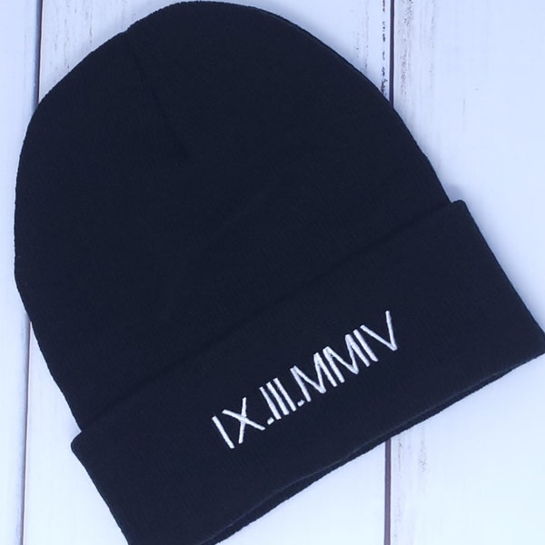 Custom Embroidered Roman Numeral Date Beanie, Couple Gift, Custom Matching Embroidered Beanies