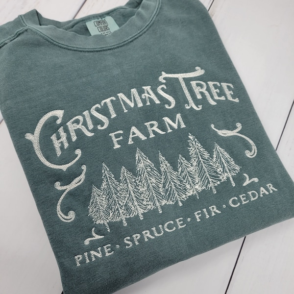 Vintage Christmas Tree Farm Comfort Colors Green Embroidered Crewneck Sweatshirt, Merry Christmas Santa Gift Sweatshirt