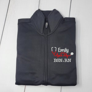 Personalized  NURSE/DOCTOR Women&#39;s Full Zip Lightweight Jacket, Cuatom Stethoscope Embroidery Sport-Wick Fleece lined Jacket