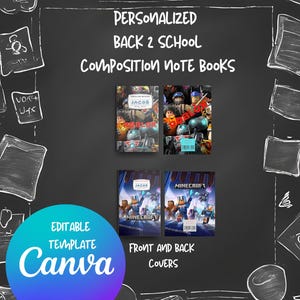 Puede incluir: Fondo de pizarra negro con texto blanco que dice "CUADERNOS DE COMPOSICIÓN PERSONALIZADOS DE REGRESO A LA ESCUELA". La imagen muestra cuatro cuadernos con cubiertas coloridas con el texto "JACOB" y "MINECRAFT". Un círculo azul y morado dice "PLANTILLA EDITABLE Canva".