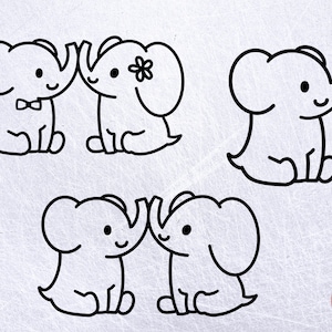 Può includere: Quattro disegni in bianco e nero di elefanti. Due elefanti si fronteggiano con le proboscidi alzate in aria. Gli altri due elefanti sono seduti con le proboscidi abbassate.