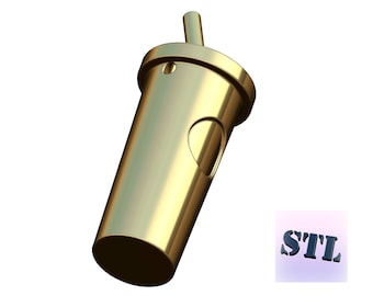 Könnte beinhalten: Ein goldfarbenes, 3D-gedrucktes Modell eines Bechers mit einem Strohhalm. Der Becher hat ein Loch an der Seite. Das Modell ist mit "STL" beschriftet.