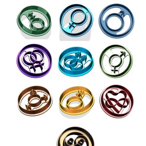 May include: Set of ten cookie cutters in various colours, featuring different gender symbols, including a heart, a circle, and a combination of male and female symbols.