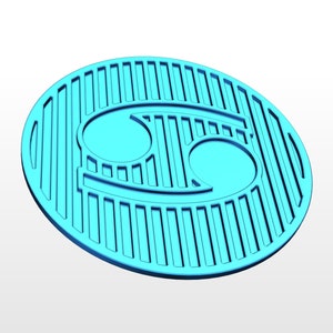 May include: A light blue, oval-shaped object with a Cancer zodiac symbol design. The symbol is composed of two circles and a curved line, surrounded by vertical lines. The object is rendered in a 3D style, with a slight shadow.