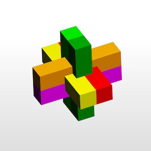 May include: A colourful wooden puzzle with interlocking pieces. The puzzle is made up of six blocks, each with a different colour: green, yellow, orange, red, purple, and a lighter shade of orange.