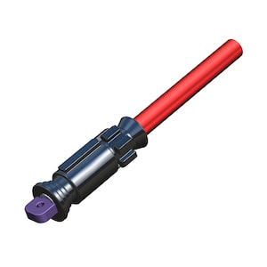 May include: A black and red lightsaber toy with a purple handle. The lightsaber is made of plastic and has a red blade.