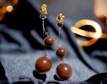 Handmade  Extra large wooden Ball Dangle Clip On Earrings