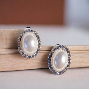 Small Rhinestone and Faux Pearl Stud Clip On Earrings