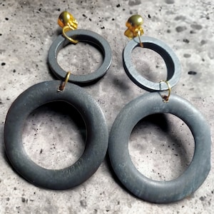 Handmade chunky black wood multi Hoop Clip On Earrings black