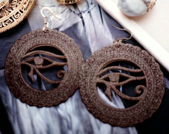 Egyptian Eye of Horus Wooden Earrings