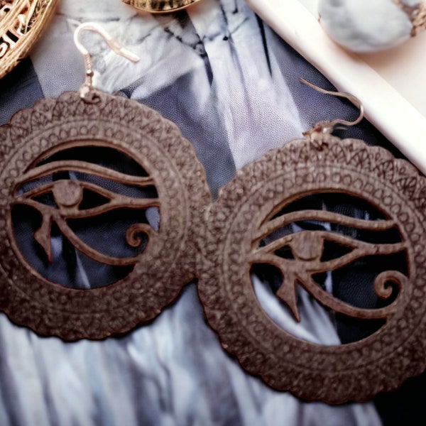 Egyptian Eye of Horus Wooden Earrings