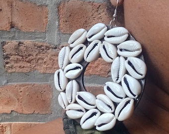 Handmade Extra large Abstract wood and Cowrie Shell hoop Earrings pierced ears