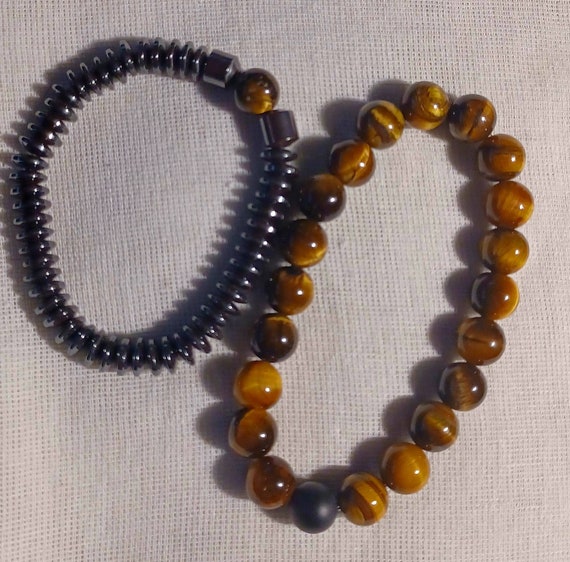 Mens Hematite and tigers eye Bead Bracelet Set of… - image 4