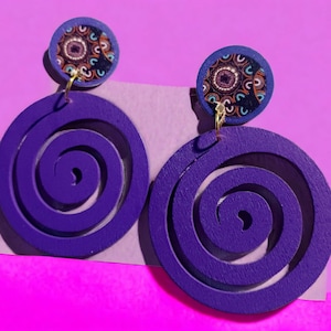 Handmade large  Wooden Spiral Clip On Earrings purple