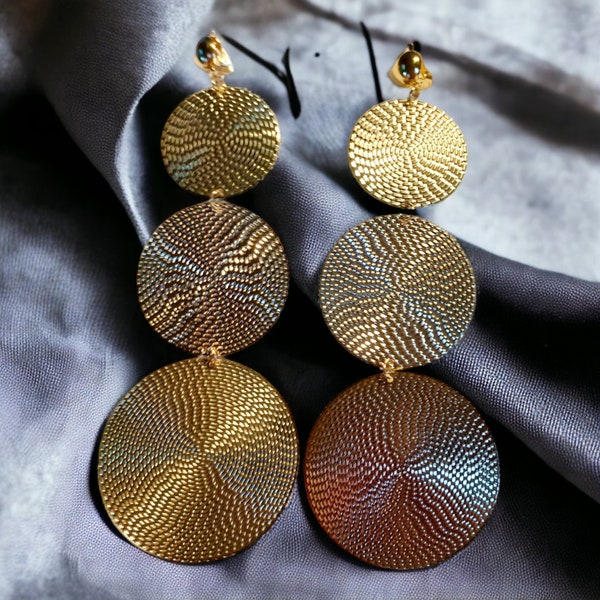Extra large Hammered Metal Disc Clip On Earrings gold 6 inch