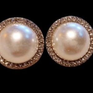 Extra Large Classic Pearl Stud and rhinestone Clip On Earrings XL silver