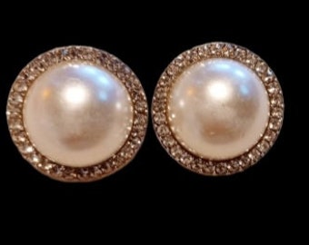 Extra Large Classic Pearl Stud and rhinestone Clip On Earrings XL silver