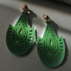 Abstract design Wooden Boho Earrings Clip on