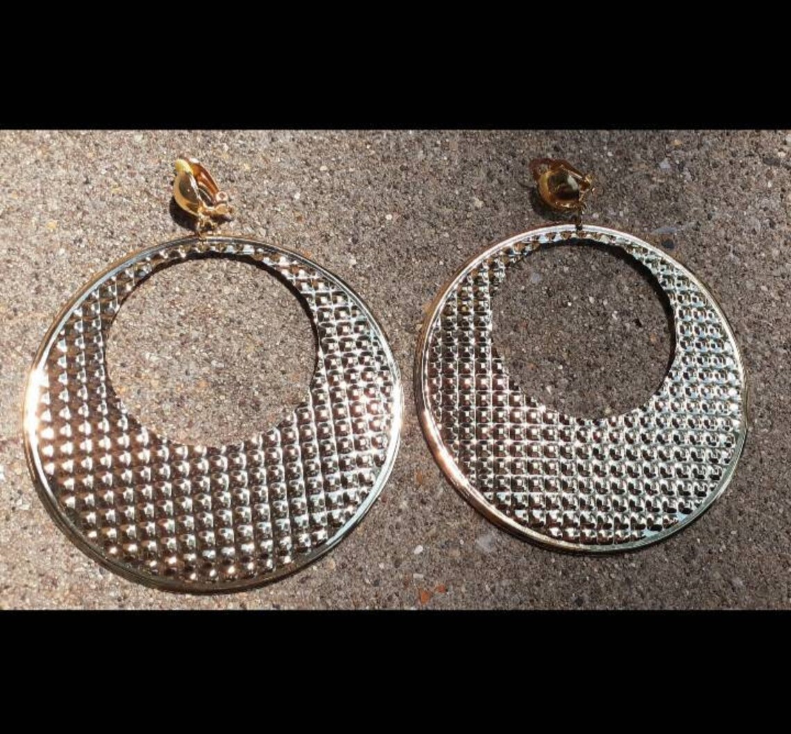Extra large Hammered Metal Hoop Clip On Earrings Gold Etsy
