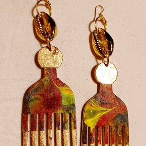 Handpainted Afrocentric Afro Comb Wooden Earrings