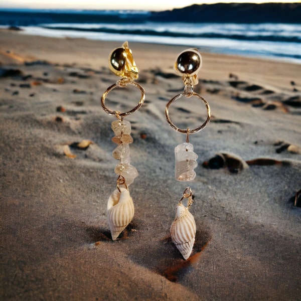 Authentic  crystal and Sea Shell Clip On Earrings Beach Boho Style