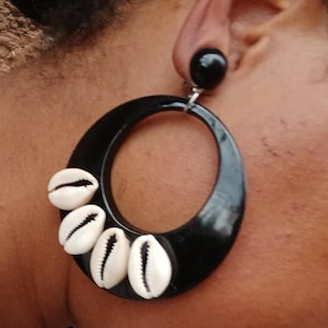 Extra large vintage Acrylic Hoop and cowrie Clip On Earrings black