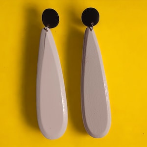 Handmade boho black and white wood clip On Dangle Earrings 5 inch