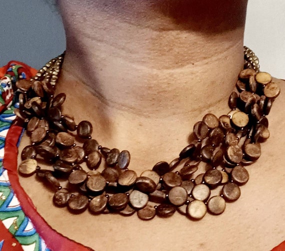 Vintage Wood and Brass Multi layer Necklace Set - image 3