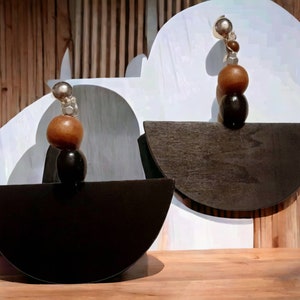 Handmade Natural Wood  Boho Clip On Dangle Earrings black