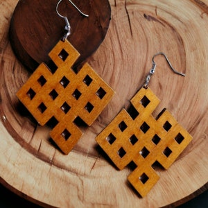 Natural Wood Adinkra Symbol Earrings brown
