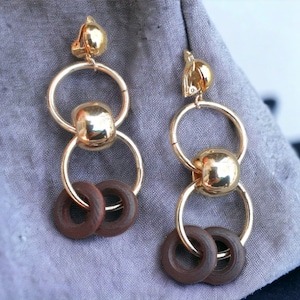 Natural Wood and Metal Hoop  Boho Clip On Dangle Earrings black