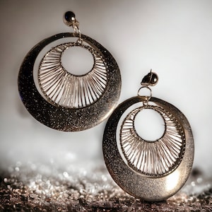 Extra large Handmade Silver Metal Multi Hoop Clip On Earrings 4 inch