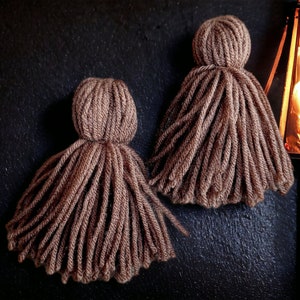 Extra Large Handmade Yarn Tassel Earrings khaki