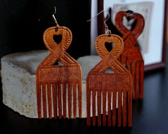 Afrocentric Adinkra Afro Pick Wooden Earrings dark brown