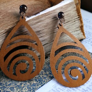 Abstract design Wooden Boho Earrings Clip on Handmade