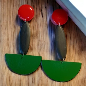 Handmade Extra large Abstract Pop Art Acrylic Statement Earrings (pierced ears) red black green