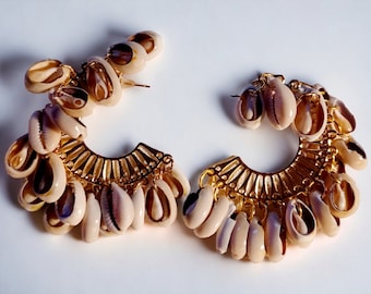 Handmade chunky Cowrie Shell Hoop Earrings pierced ears