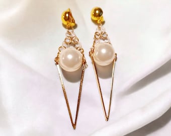 Handmade Faux Pearl  Dangle Clip On Earrings 3 in
