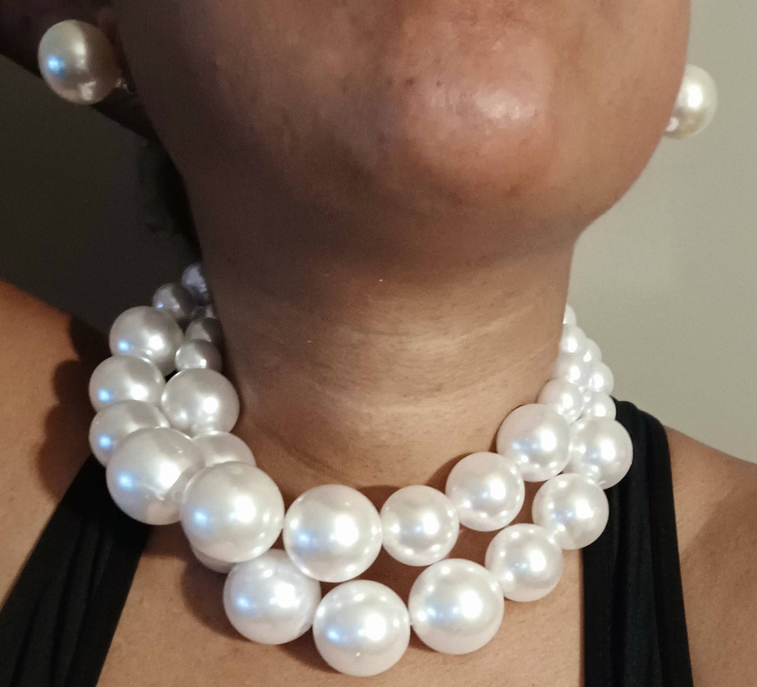 Rare Giant Chunky Faux Pearl Necklace Set Clip On Etsy