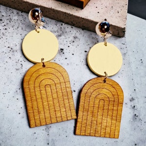 Natural Wood Geometric Design Earrings Clip on