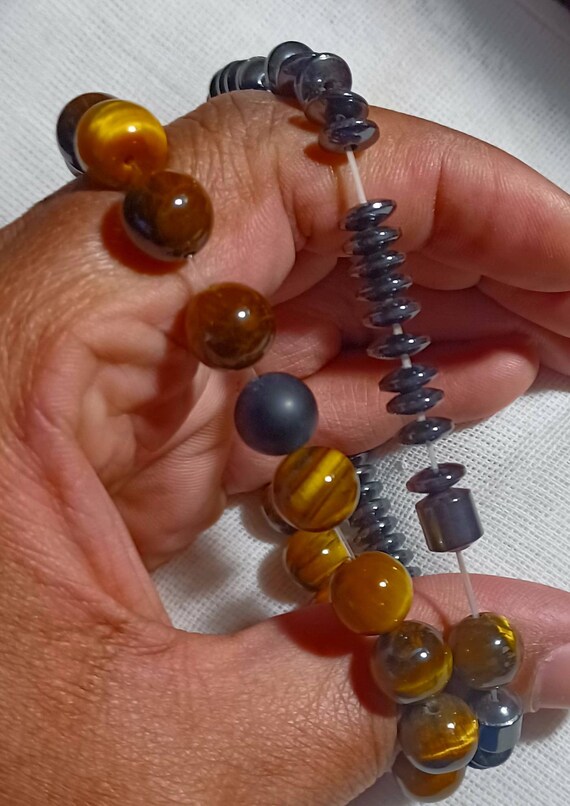 Mens Hematite and tigers eye Bead Bracelet Set of… - image 2