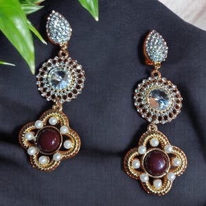 Handmade regal glam faux pearl and rhinestone Earrings Clip on Style
