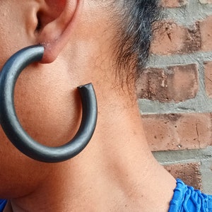 Large Chunky Natural Wood Hoop Earrings Black