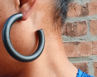 Large Chunky Natural Wood Hoop Earrings Black