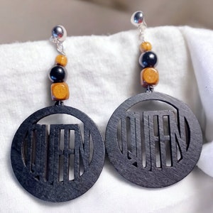 Handmade Extra large Queen Natural Wood  Clip On Dangle Earrings black