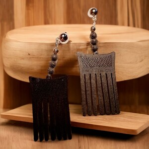 Handmade Black Wood and Lava bead Afro Pick Clip On Dangle Earrings Black