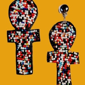 Large Clip on Hand beaded  Leather Ankh Earrings Clip on